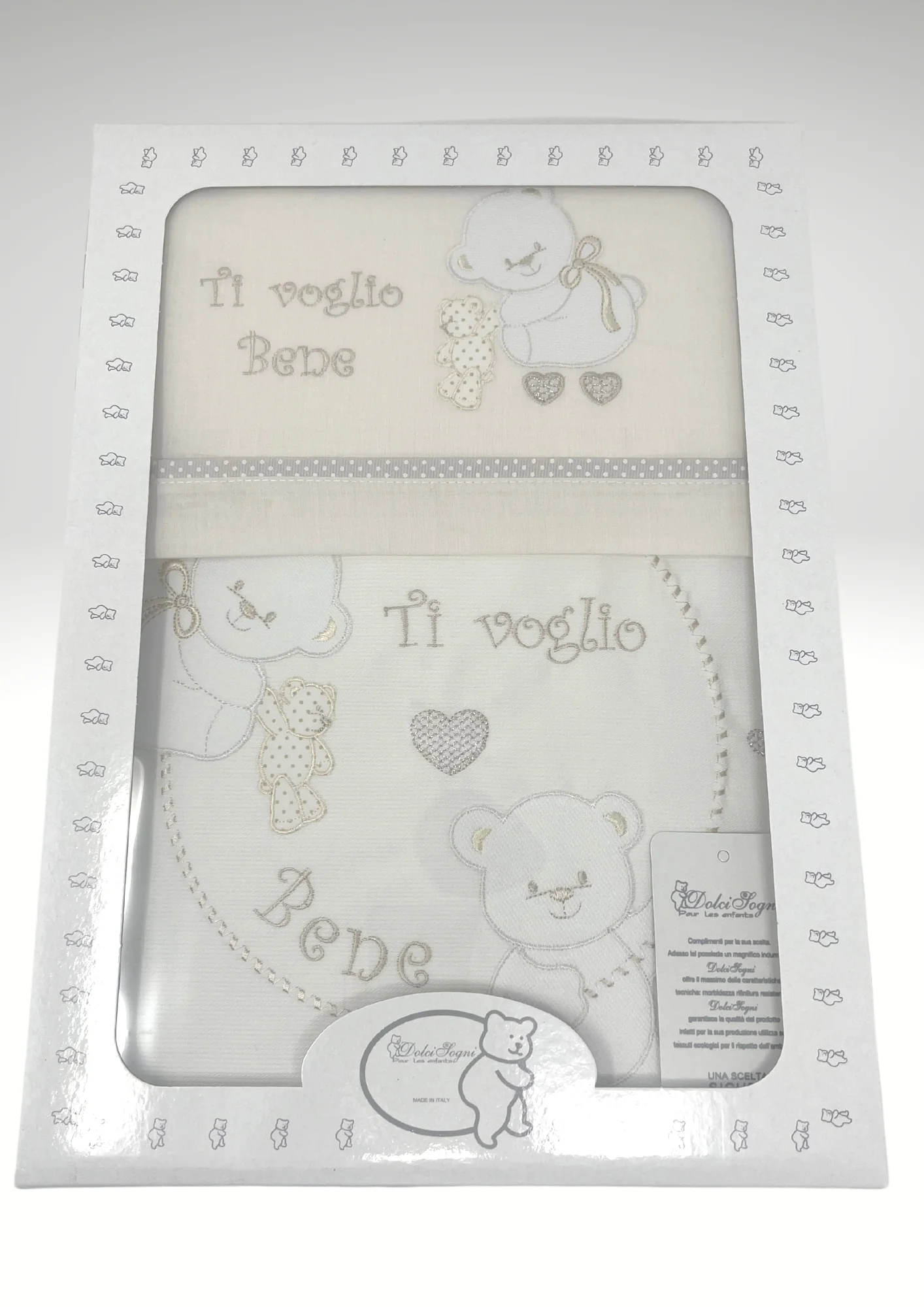 Dolci Sogni Coordinato 4 Pezzi Copriletto+completo Lenzuola Lettino In Piquet 100% Cotone Ricamato Colori Panna Rosa Cielo Grigio - Image 3