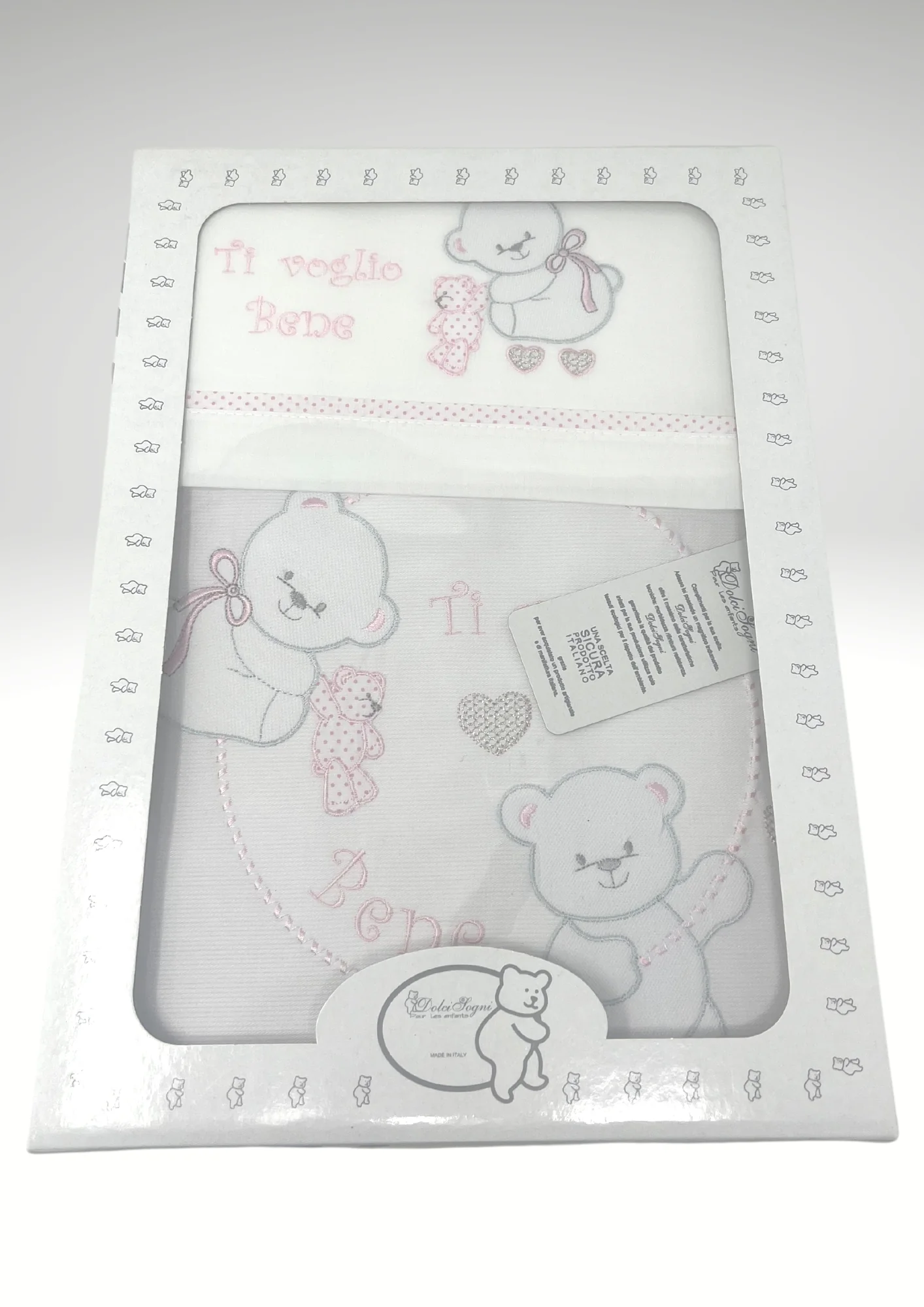 Dolci Sogni Coordinato 4 Pezzi Copriletto+completo Lenzuola Lettino In Piquet 100% Cotone Ricamato Colori Panna Rosa Cielo Grigio - Image 4